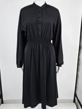 Vintage 1980s Made in USA Smocked Waist Batwing Sleeve Midi Dress (Size 12/L)